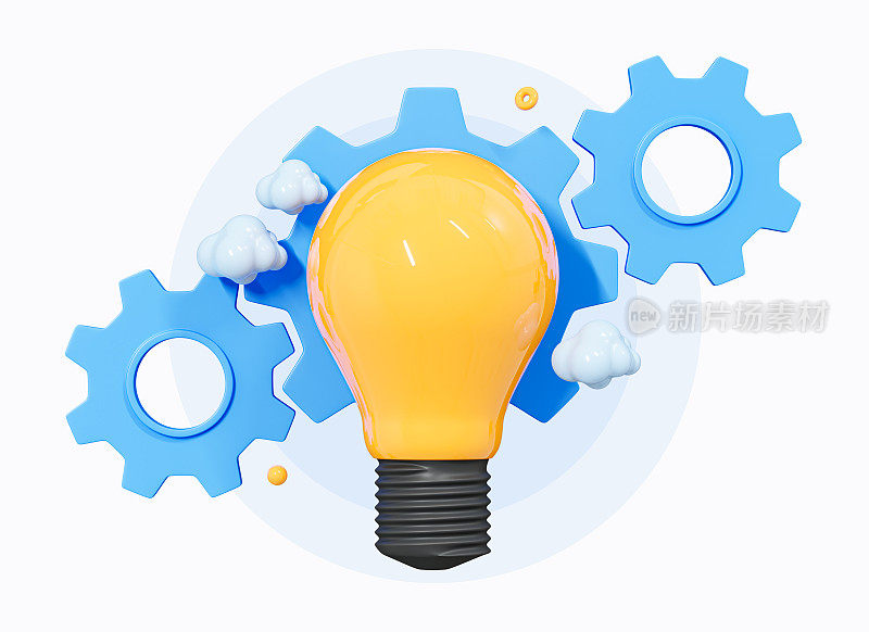 3D Innovation idea concept. Lightbulb with gears. Success solution. Lamp with cog. Teamwork progress. Implement business idea. Cartoon creative design icon isolated on white background. 3D Rendering